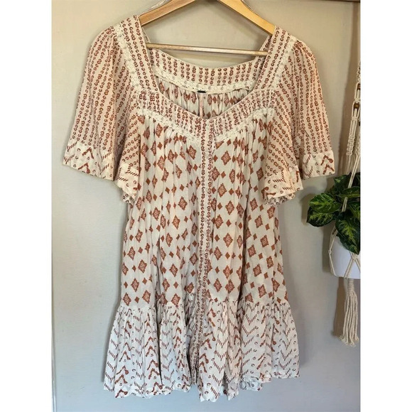 Free People Women's M Ivory Boho Tunic Dress Short Sleeve Casual - Picture 3 of 3
